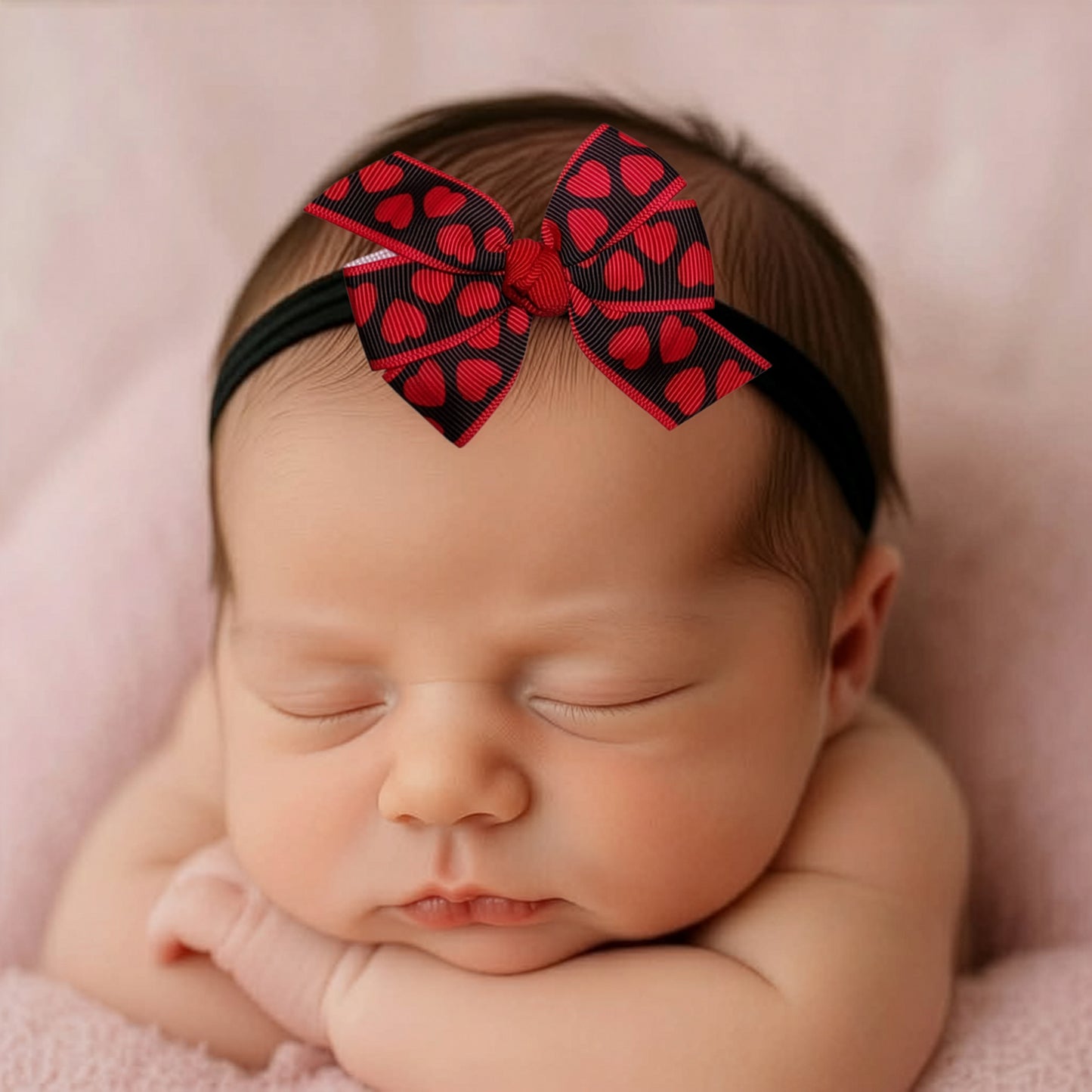 Baby Girls 3" Black Red Hearts Valentine's Day Hair Bow Infant Stretch Headband