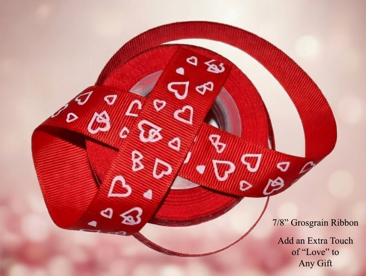 7/8" Grosgrain Ribbon Red with Light Pink Hearts Valentine's Day Print - DIY Hair Bows Crafts Gifts