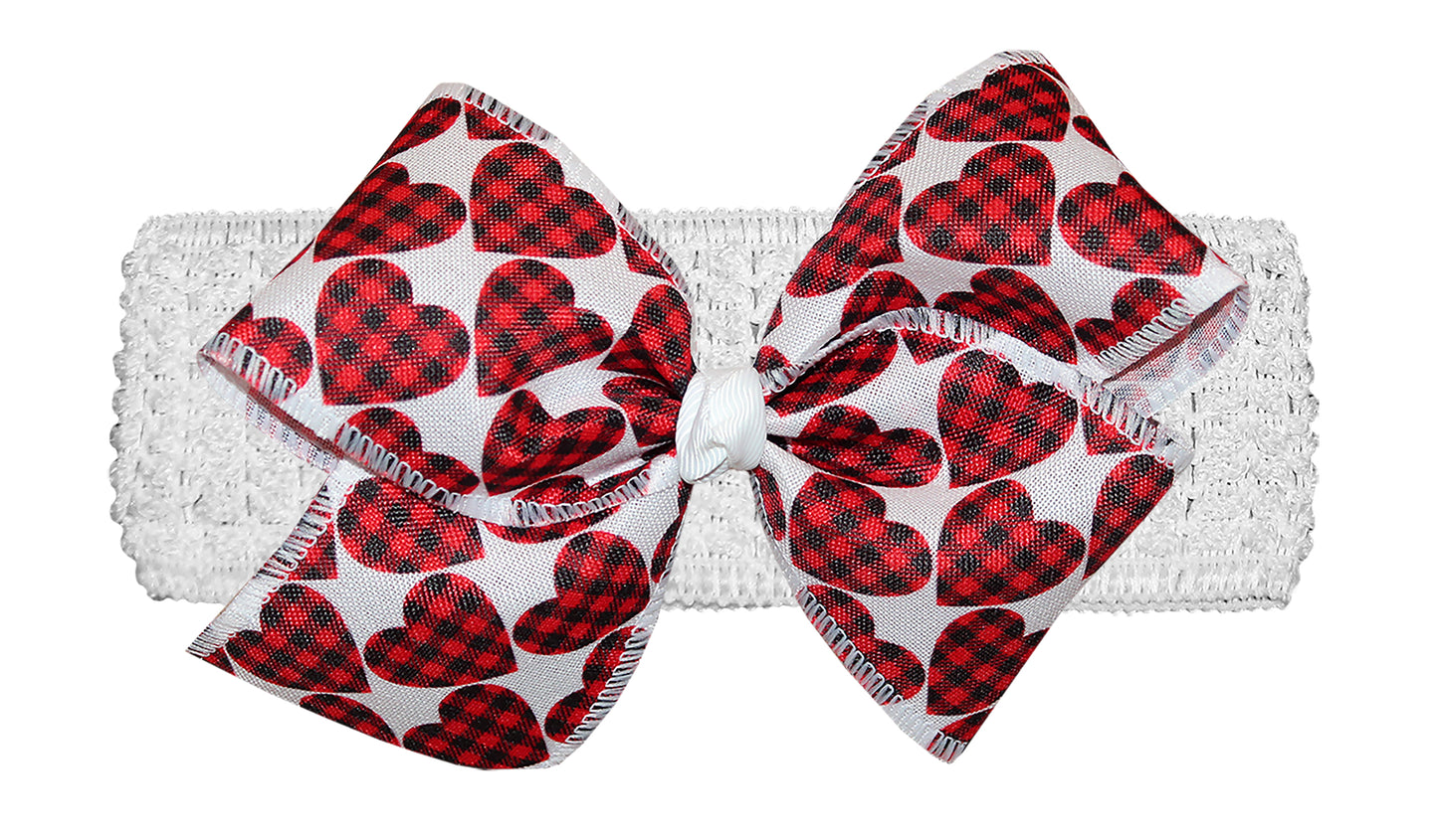 WD2U 6" Valentines Day Red Buffalo Plaid Heart Hair Bow Stretch Headband