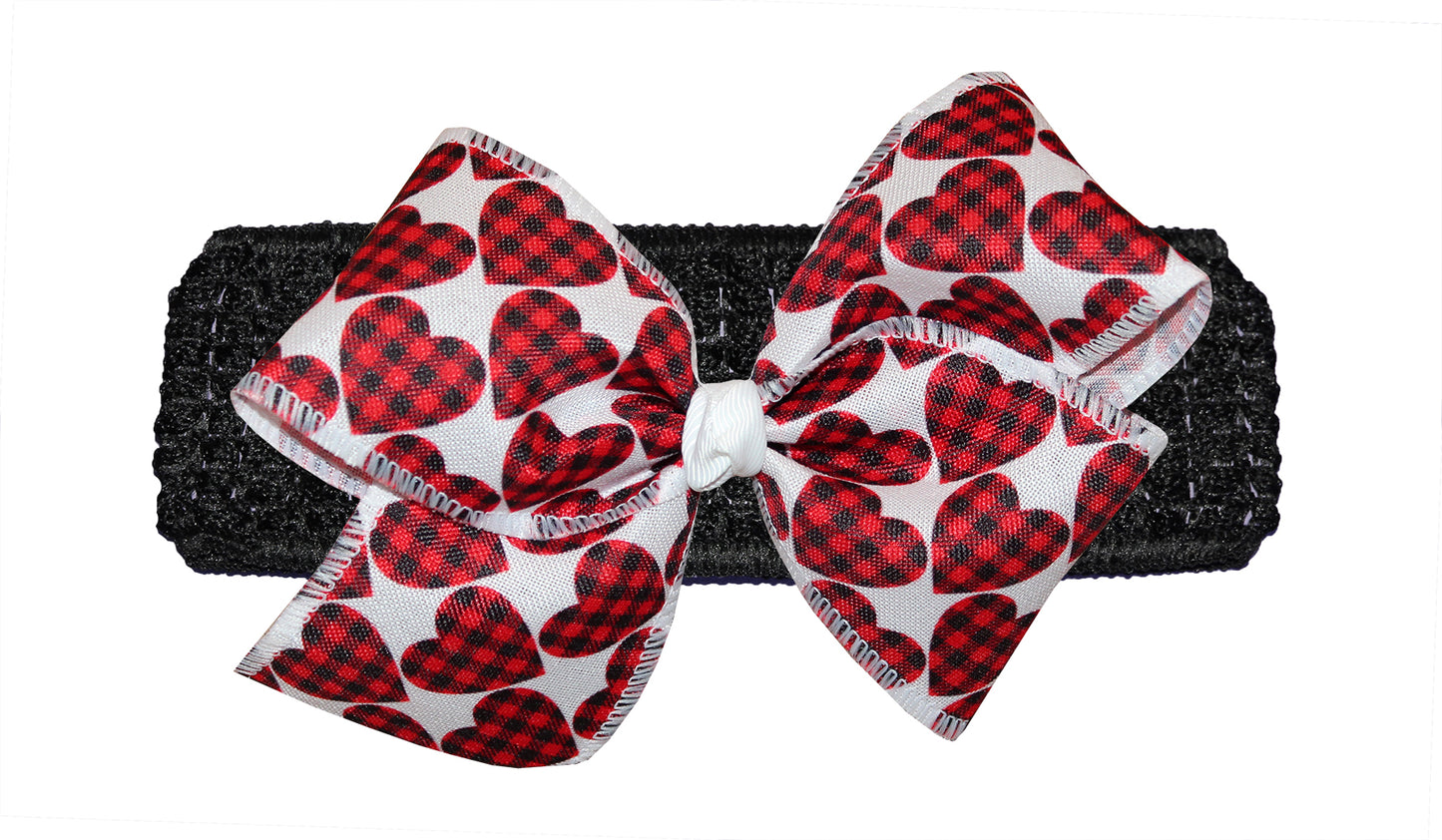 WD2U 6" Valentines Day Red Buffalo Plaid Heart Hair Bow Stretch Headband