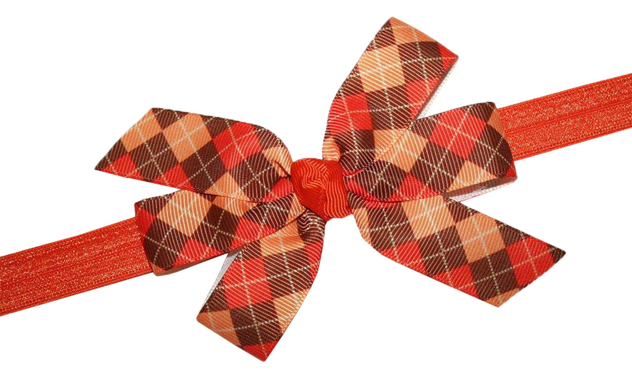 WD2U  Girls Autumn Argyle Thanksgiving Day Harvest Hair Bow Stretch Headband