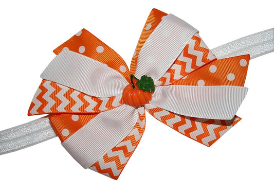 WD2U Girls Chevron Dotted Pumpkin Thanksgiving Harvest Hair Bow Headband