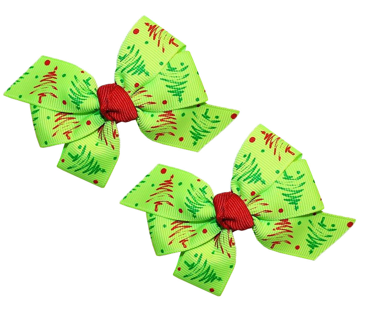 WD2U Baby Girls Set of 2 Whimsical Lime Green Christmas Tree Hair Bows Alligator