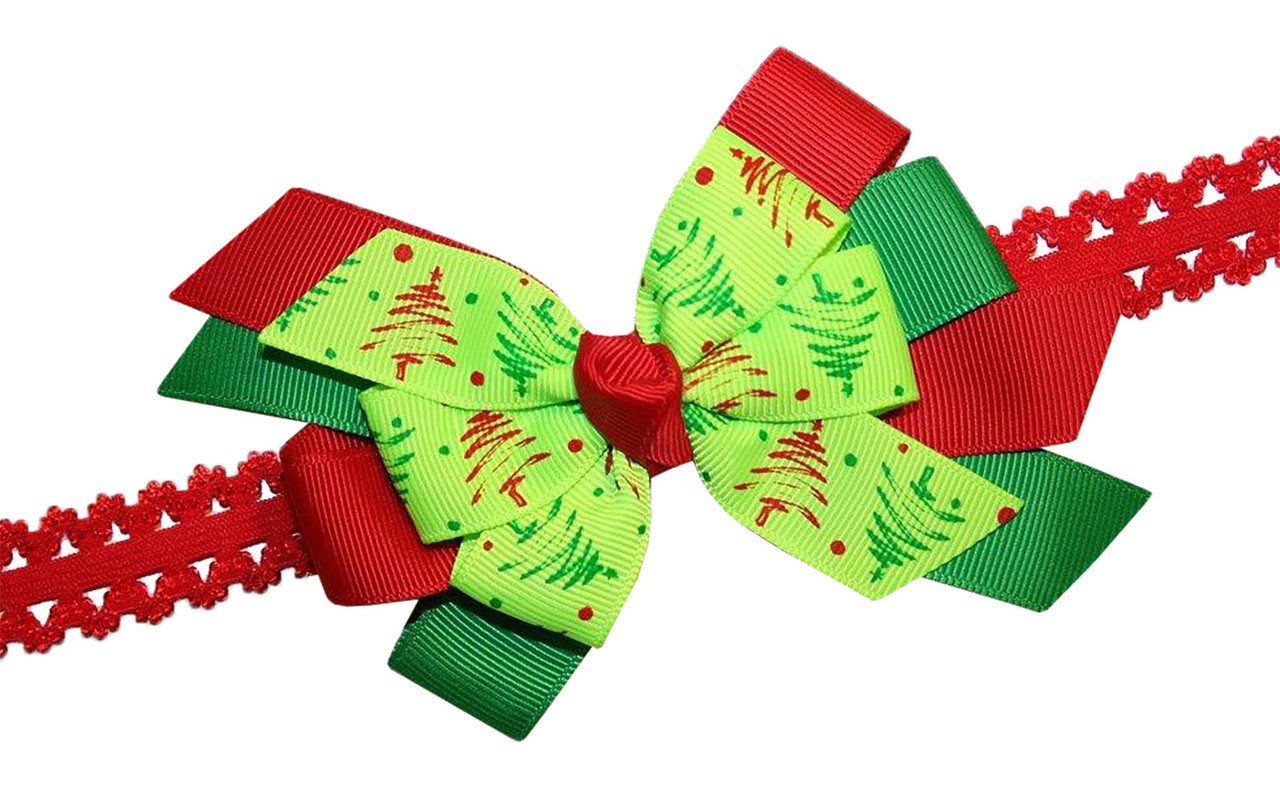 WD2U Baby Girls' Whimsical Lime Green Christmas Tree Hair Bow Stretch Headband