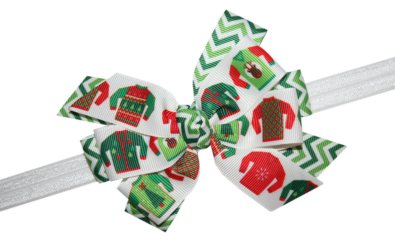 WD2U Girls Deluxe Chevron Ugly Christmas Sweater Hair Bow Stretch Headband
