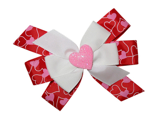 WD2U Girls Glittered Heart Print GrosGrain Valentines Hair Bow French Clip