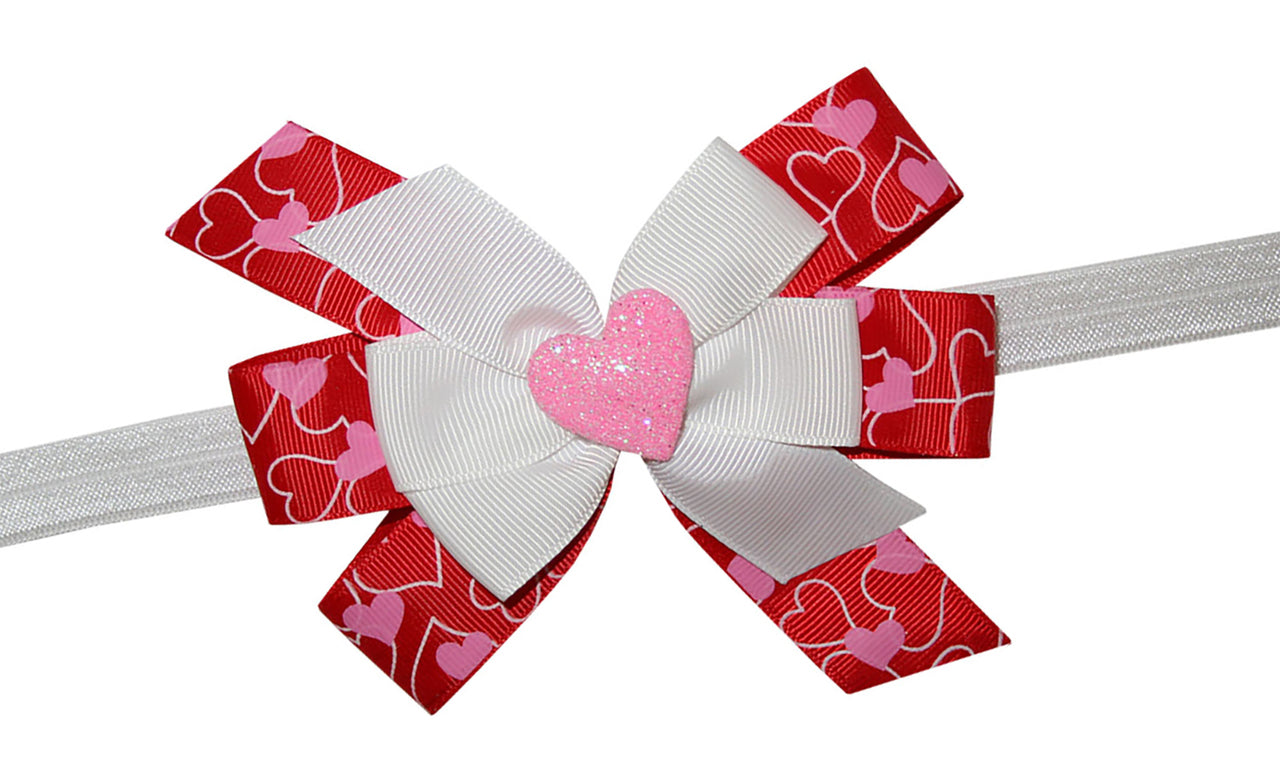 WD2U Baby Girls Glittered Heart Print GrosGrain Valentines Hair Bow Headband