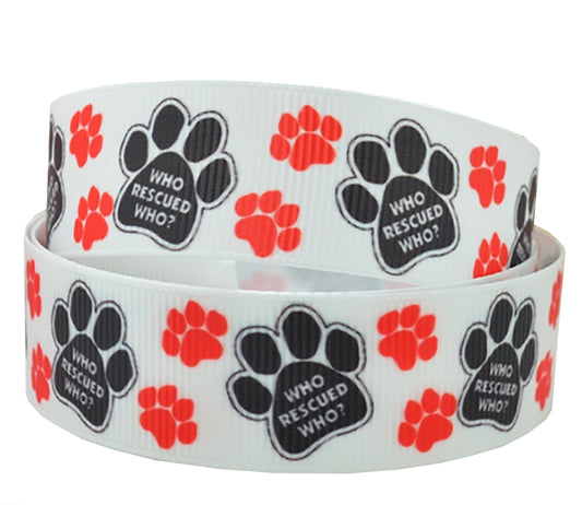 7/8" Who Rescued Who Paw Print Grosgrain Ribbon DIY Hair Bows Crafts