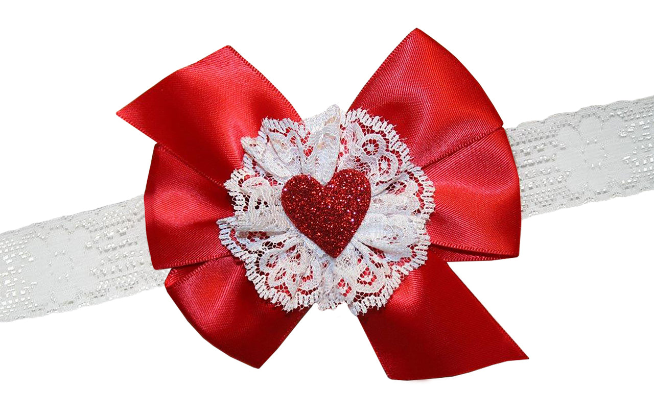 WD2U Girls Red Satin & Lace Glittered Heart Valentines Hair Bow Stretch Headband