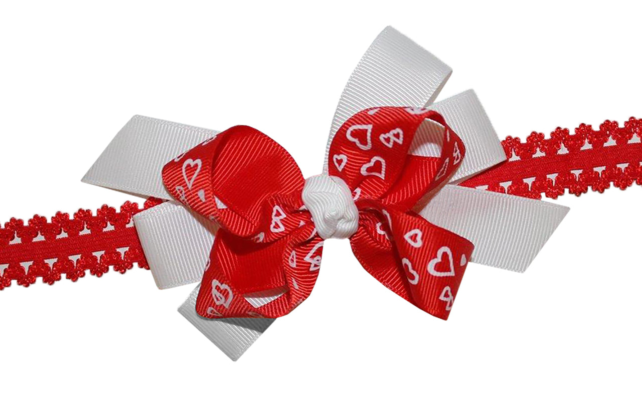 WD2U Girls Red & White Heart Valentines Day Boutique Hair Bow Stretch Headband