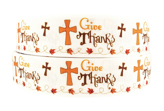 1" Give Thanks Christian Cross Thanksgiving Grosgrain Ribbon