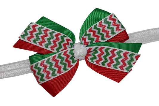 WD2U Girls Sparkling Christmas Red & Green Chevron Hair Bow Stretch Headband