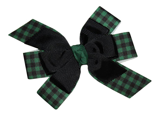 WD2U Girls Black & Green Buffalo Plaid Woodland Lumberjack Hair Bow French Clip