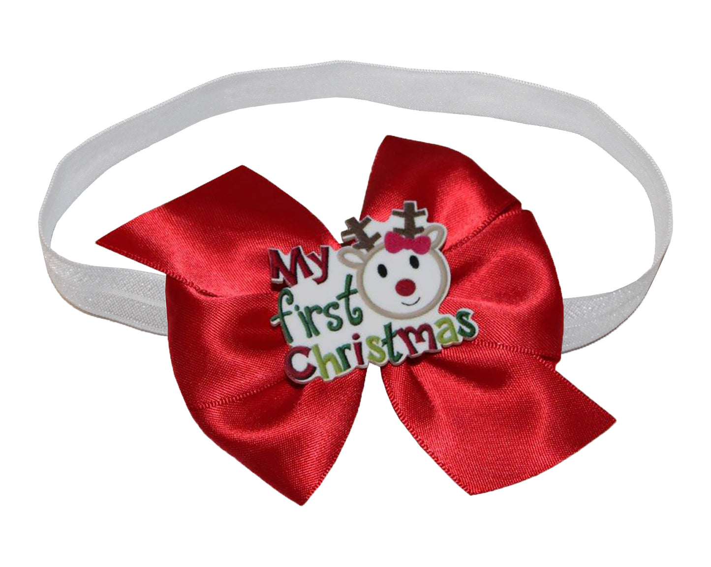 WD2U Baby Girls Red Satin Reindeer First Christmas Hair Bow Stretch Headband USA