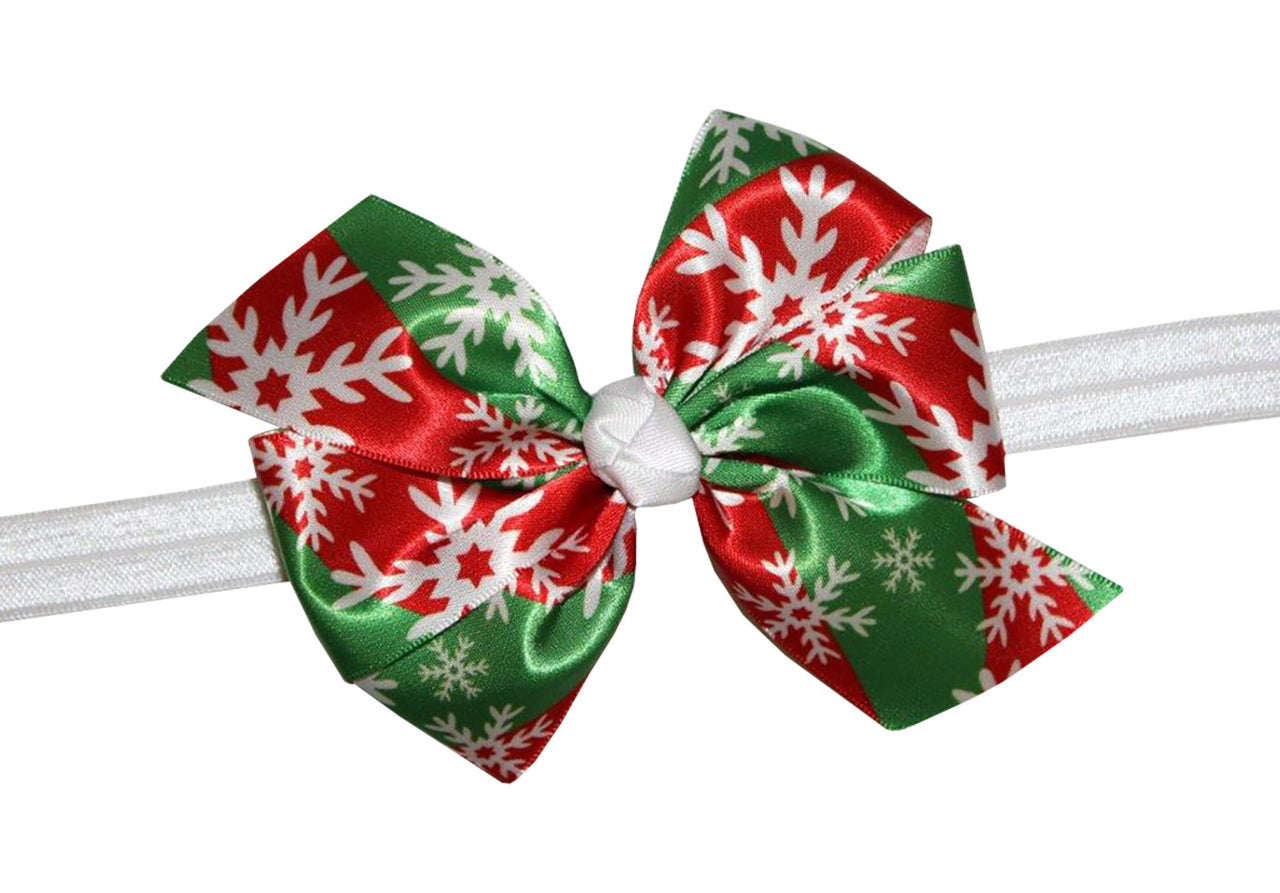 WD2U Girls Christmas Red & Green Snowflake Hair Bow Stretch Headband USA