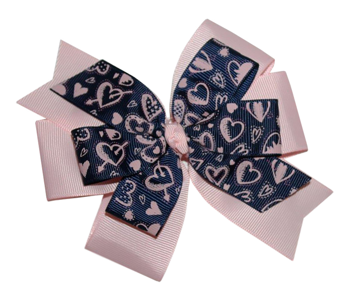 WD2U Girls 5" Navy & Pink Sweet Heart Valentines Hair Bow French Clip Barrette