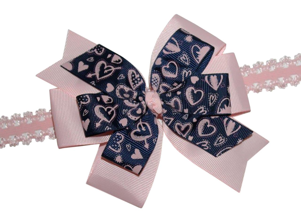 WD2U Baby Girls 5" Navy & Pink Sweet Heart Valentines Hair Bow Stretch Headband