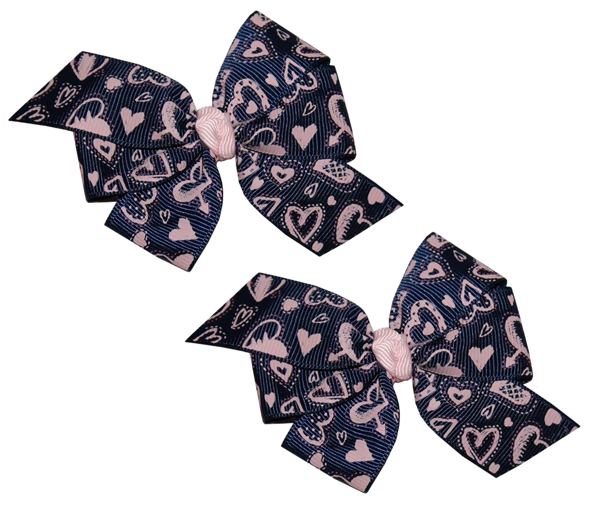 WD2U Baby Girls Set of 2 Navy & Pink Heart Valentines Hair Bows Alligator Clips