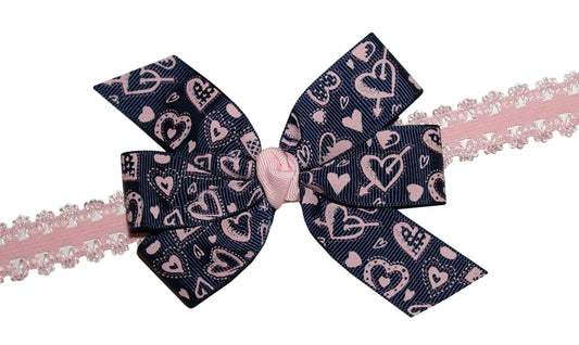 WD2U Baby Girls  Navy & Pink Heart Valentines Hair Bow Stretch Headband