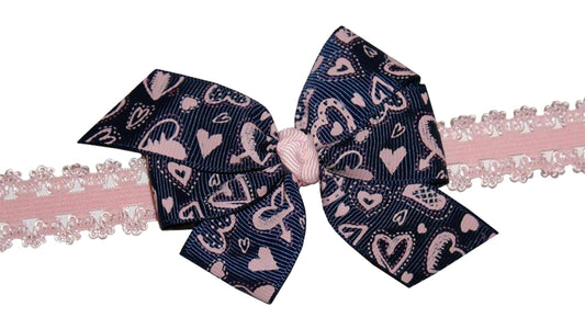 WD2U Baby Girls Infant Navy & Pink Heart Valentines Hair Bow Stretch Headband