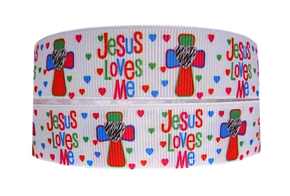 1" Grosgrain Ribbon Jesus Loves Me Christian Cross Print DIY Crafts Hair Bows
