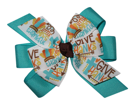 WD2U Little Miss Thankful Teal Cross Thanksgiving Hair Bow French Clip Barrette