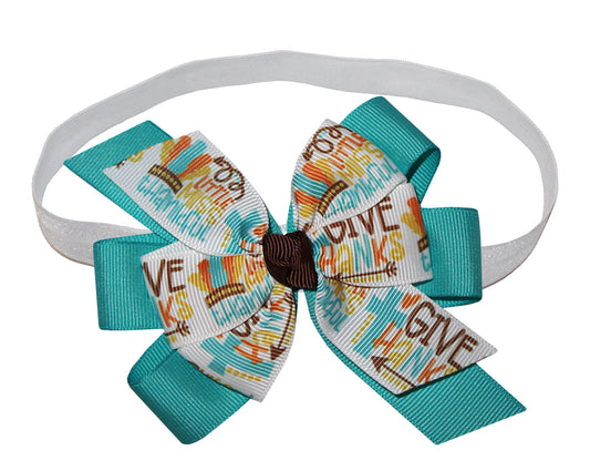 WD2U Baby Girl 4" Little Miss Thankful Teal Cross Thanksgiving Hair Bow Headband