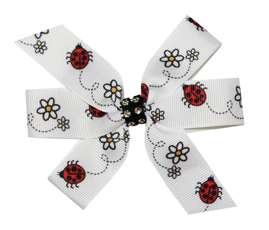 WD2U 4" Red Black Lady Bug & Daisy Rhinestone Hair Bow French Clip Barrette