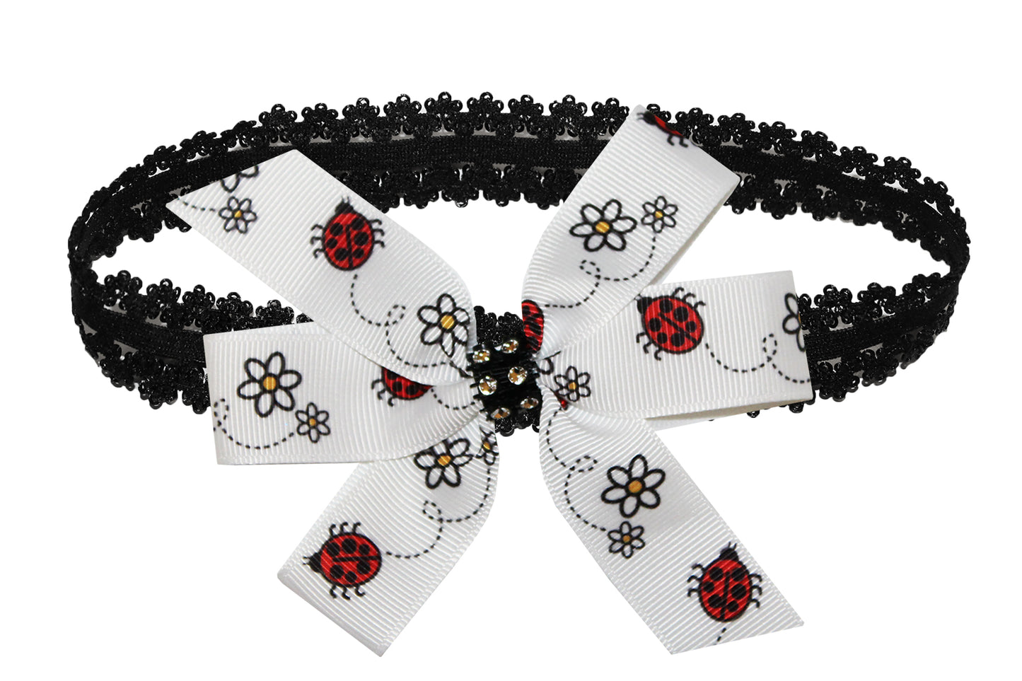 WD2U Girls 4" Red Black Lady Bug & Daisy Rhinestone Hair Bow Stretch Headband