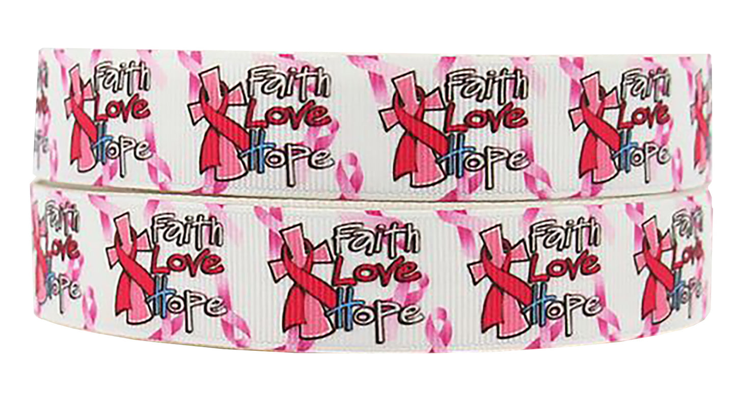 7/8" Faith Hope Love Grosgrain Ribbon Breast Cancer Awareness