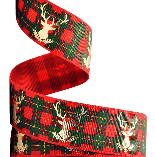 1" Gold Foil Deer Grosgrain Red Christmas Plaid Holiday Ribbon DIY Gift Wrap Bow
