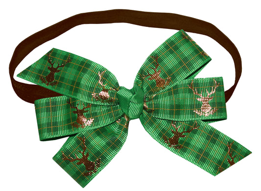 WD2U Baby Girls Green Christmas Plaid Deer Woodland Hair Bow Stretch Headband