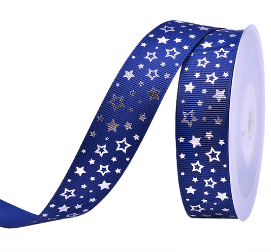 1" Silver Foil Stars Midnight Blue Grosgrain Ribbon DIY Hair Bows Crafts USA