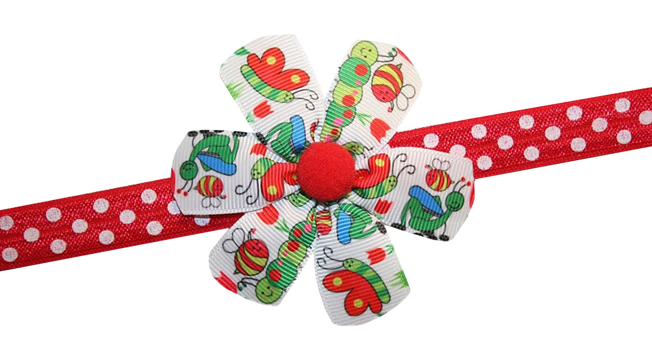 WD2U Baby Girls' Happy Bug GrosGrain Flower Bow Polka Dot Stretch Headband 305HB