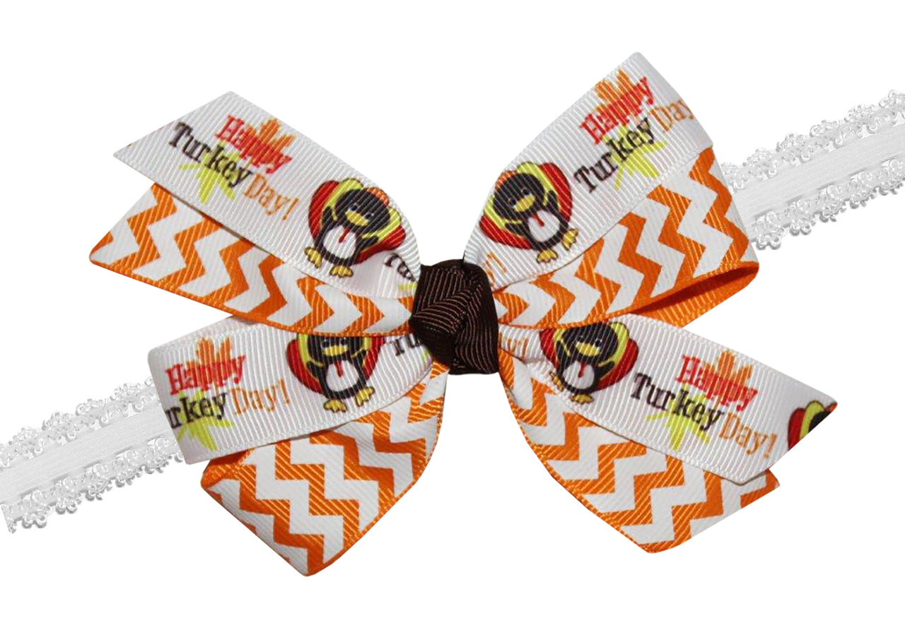 WD2U Girls Chevron Happy Turkey Day Thanksgiving Hair Bow Stretch Headband