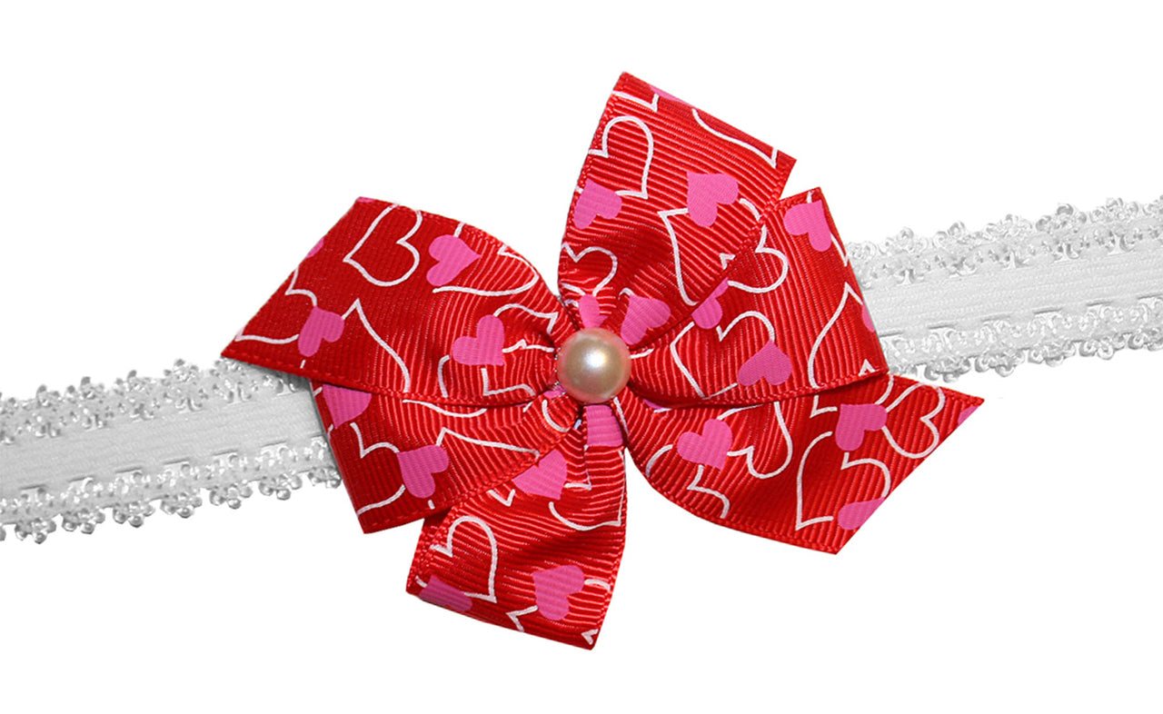 WD2U Baby Girls Infant Pearl Red Heart Valentines Hair Bow on Stretch Headband
