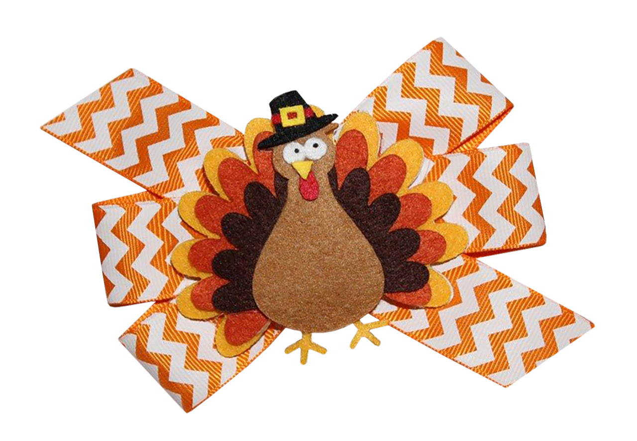 WD2U Girls 4.5"  Chevron Pilgrim Tom Turkey Thanksgiving Hair Bow Alligator Clip