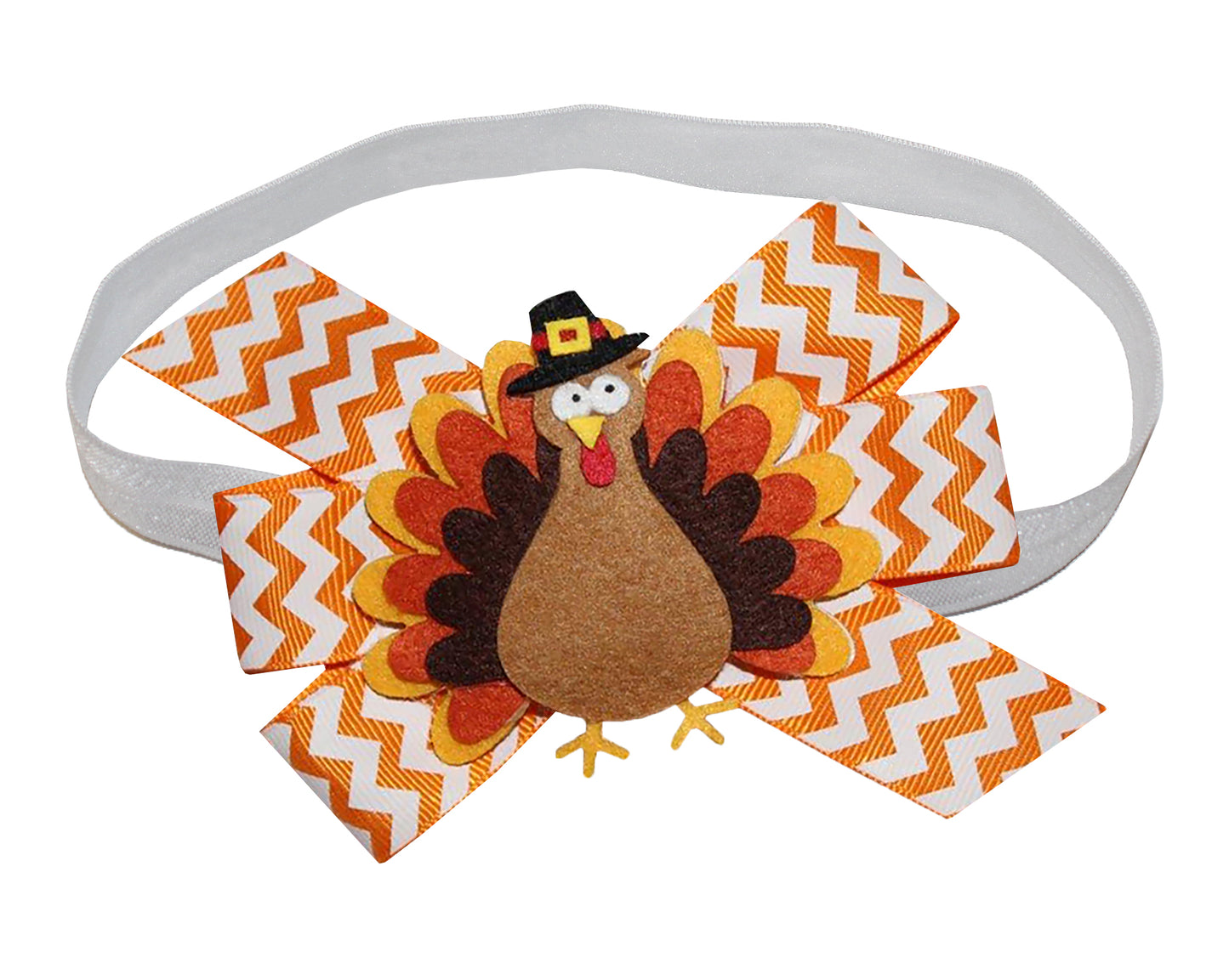 WD2U Baby Girls 4.5" Pilgrim Tom Turkey Thanksgiving Hair Bow on Stretch Headband