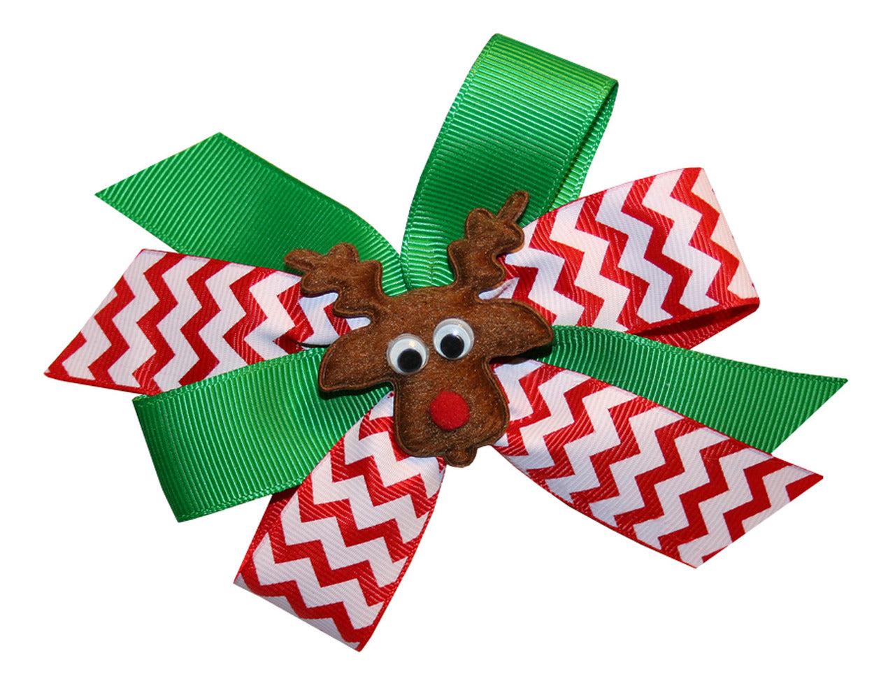 WD2U Girls Furry Reindeer Christmas Green & Red Chevron Hair Bow Alligator Clip