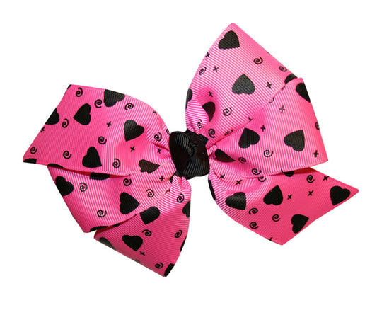 WD2U Girls Large Pink & Black Heart Valentines GrosGrain Hair Bow French Clip
