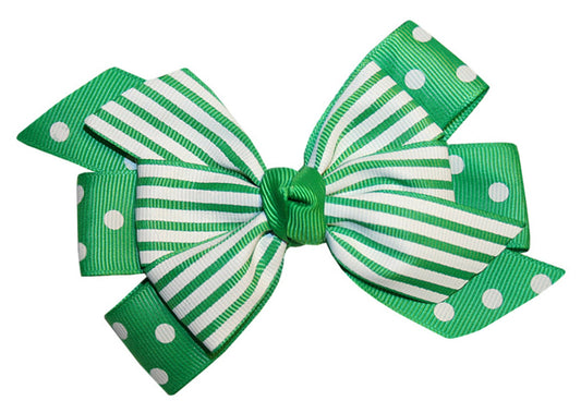 WD2U Girls Green White Dotted & Striped St Patricks Hair Bow French Clip